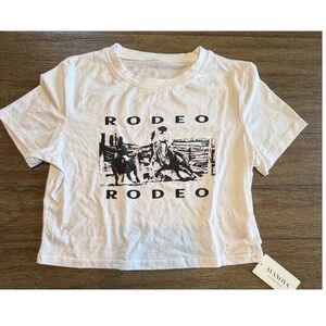 Avanova Womens‎ Rodeo Graphic Crop T-Shirt White Short Sleeve Western Size L NEW